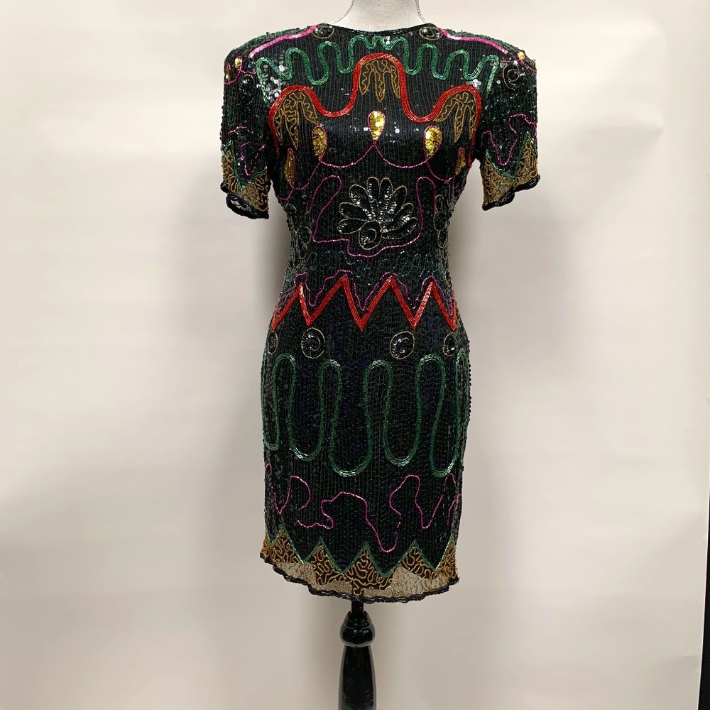 Vintage SWEE LO 100% Silk Beaded Sequined Cocktail Dress Rare